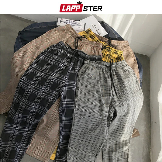LAPPSTER Mens Black Harajuku Plaid Pants 2023 Men Japanese Streetwear Baggy Sweatpants Male 5 Colors Vintage Casual Trousers.