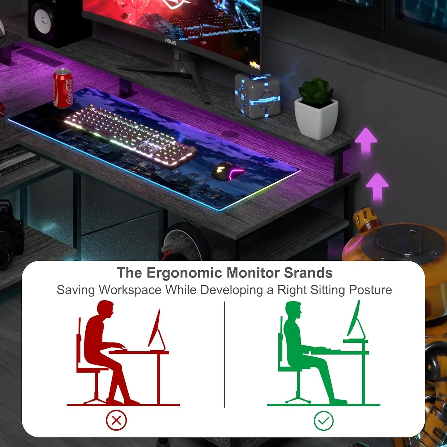 Ergonomischer RGB Gaming Schreibtisch mit Monitorständer Stromanschluss USB Ports Kabelmanagement