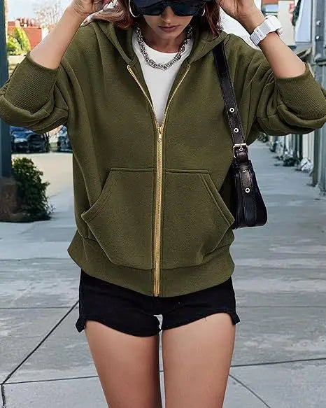 New Solid Color Zipper Splicing Hooded Coat, Women's Autumn Leisure Loose Sports Hooded Long Sleeve Coat Sweatshirt..