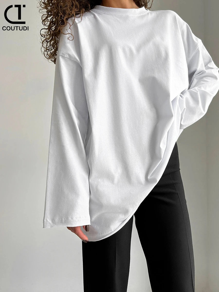 COUTUDI-Oversized T-Shirt for Women, Loose Pullover,Long Sleeve, Casual 100% Cotton Tee Shirt, Lady Tops, Korean Streetwears.