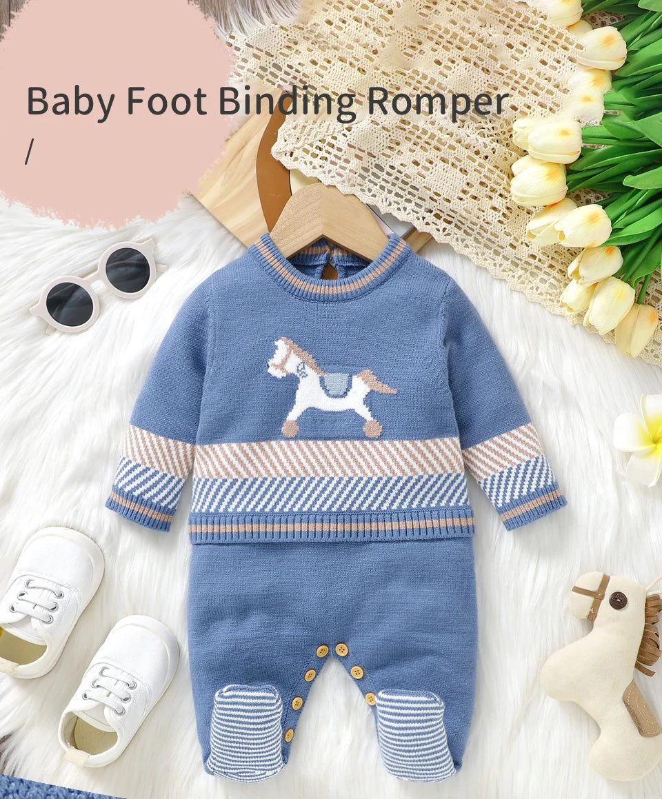 Baby Strampler Blau Langarm Stricken Neugeborenen Jungen Overalls Playsuits Herbst Winter Infant Unisex Outfits Ein Stück Kinder Kostüme.
