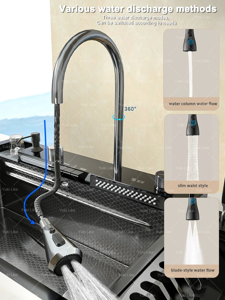 Stainless Steel Waterfall Kitchen Sink New With Draining Rack Digital Display Large Single Slot Dishwashing Sinks Wash Bowl