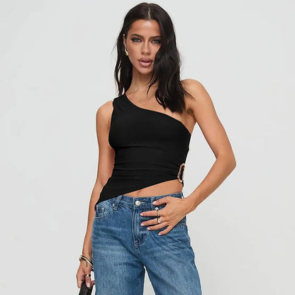 Cryptographic Summer Fashion One Shoulder Tops Slim Sexy Backless Basic Asymmetrical Women's Crop Top Tank Ruched Streetwear