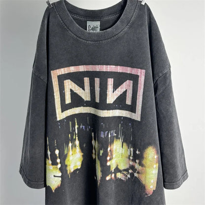 SAINT Vintage NIN Nine-inch Nail T-Shirts Best Quality Vintage Washed T Shirt Tee Tops