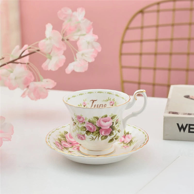 Coffee Cup and Saucer Set Month Flower Mug Bone China Drinking Set Ceramic Cup and Saucer Home Teacup Dessert Saucer Gifts.