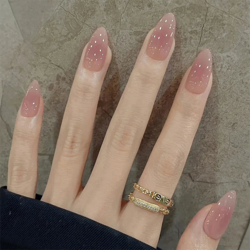 24Pcs Metallic Cat Eye French Sheer Manicure Tip Art Textured 3D Acrylic False Nails Nude Pink Almond Medium Press on Fake Nails.