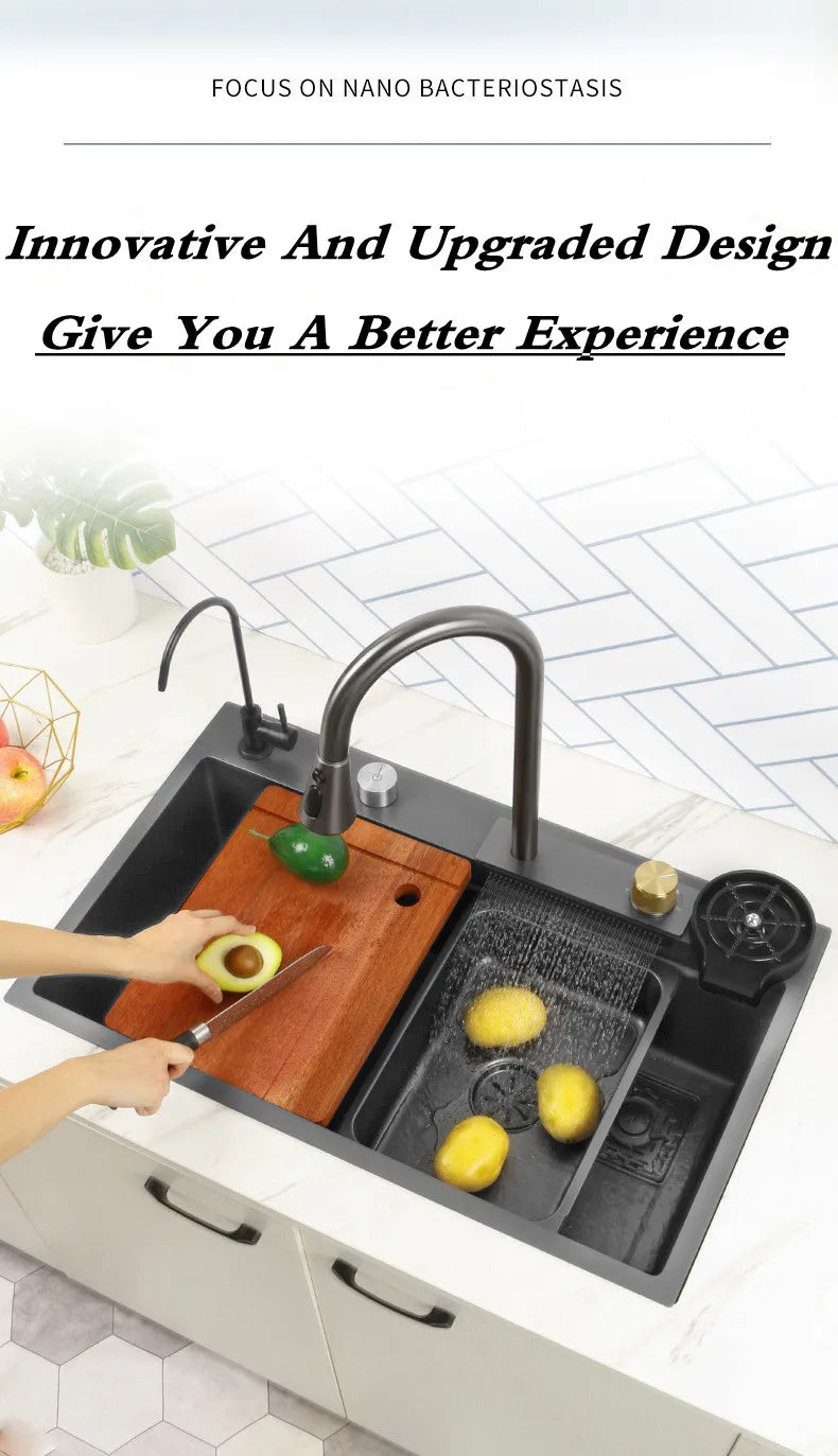 Wasserfall-Küchenspüle aus Edelstahl 304, Zughahn, Einzelschlitz, Hochdruckbecher, Waschmaschine, Café, Weinbar, Waschbecken