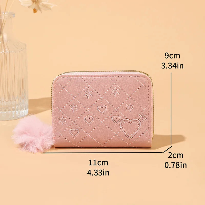 Women Fashion Zipper Wallet with Hairballs Simple Versatile Short Coin Purse Multi-Functional Multi-Card Slot Card Bag.
