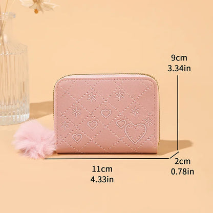 Women Fashion Zipper Wallet with Hairballs Simple Versatile Short Coin Purse Multi-Functional Multi-Card Slot Card Bag.