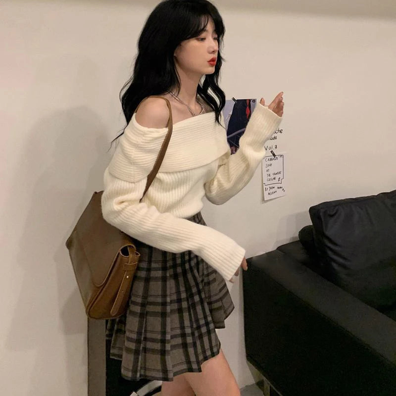 Lucyever Slash Neck Strick pullover Frauen sexy schulter freie Langarm pullover weibliche koreanische elegante verdicken schlanke Pullover Top.