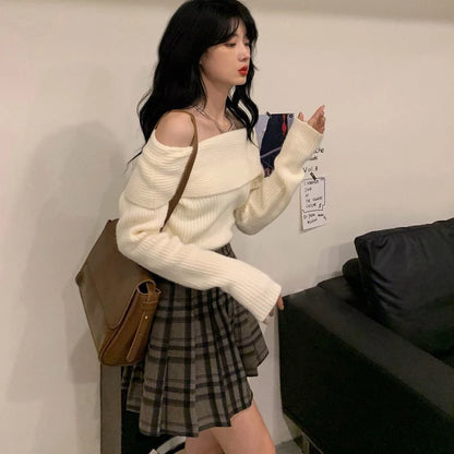 Lucyever Slash Neck Strick pullover Frauen sexy schulter freie Langarm pullover weibliche koreanische elegante verdicken schlanke Pullover Top.