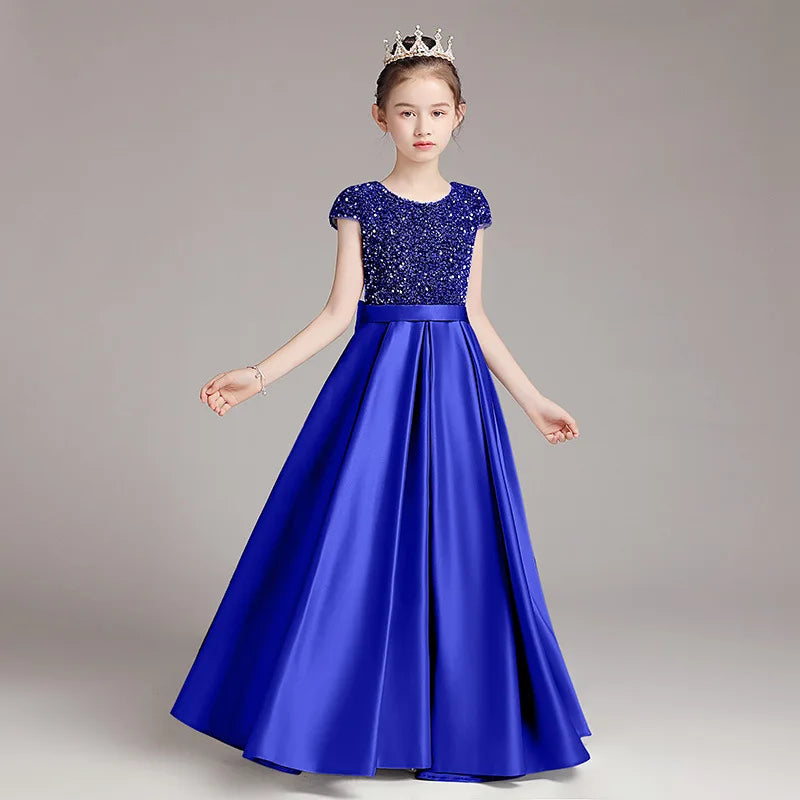 Mädchen-Klavierkleid, graues Pailletten-langes Performance-Kleid, Prinzessinnenkleid, Kinder-Host-Show-Performance-Kleid, Sommer.