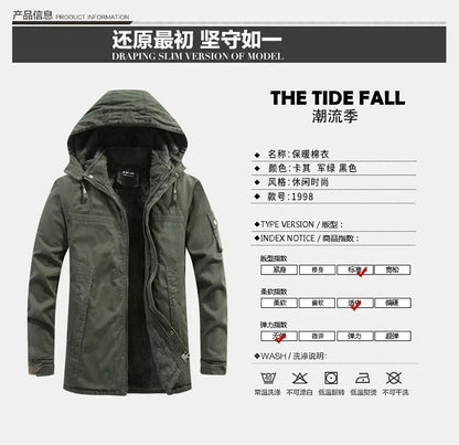 Parkas Coat Military Windproof Hooded Jackets Man Washed Cotton Thick Fleece Casual New  Winter Warm Varsity Jacket Men.
