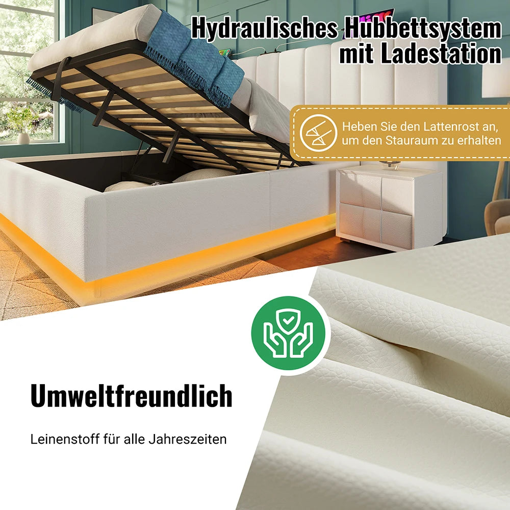 KOMHTOM Polsterbett, Stauraumbett mit LED und USB-C Ladefunktion, PU (Ohne Matratze und Nachttisch)
