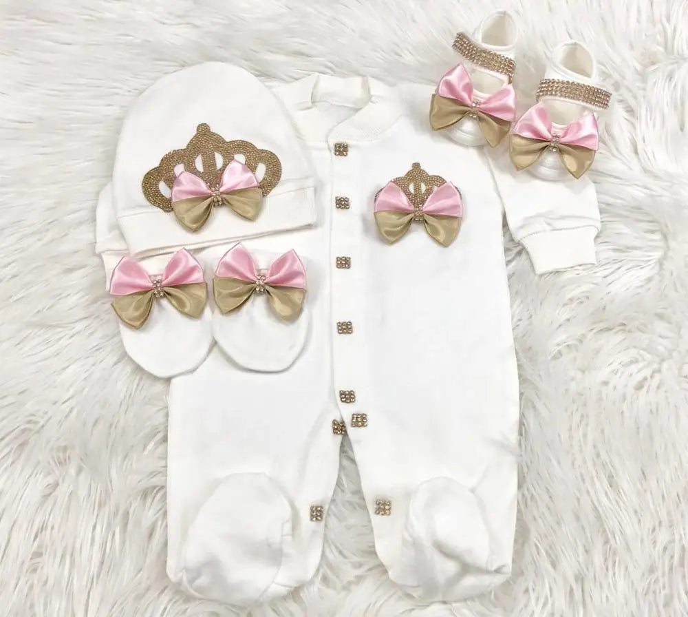 Dollbling Newborn Set Baby's Sets Rhinestone Crown 0-3 Months Hat+Bodysuits+Gloves+Shoes 4 Parts Boy Girl Jumpsuit Clothing