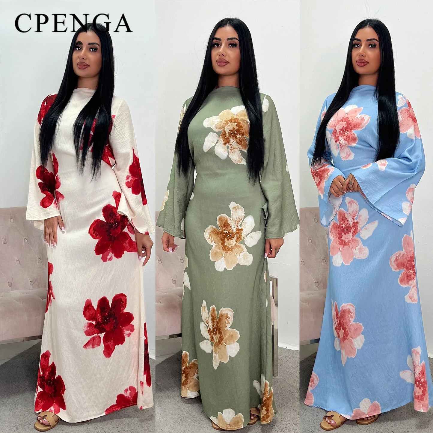 Arabesque Bell Sleeve Flowy Maxi Abaya Dress Elegant Floral Print Muslim Modest Long Dress Islamic Vacation Outfit Summer Robe.