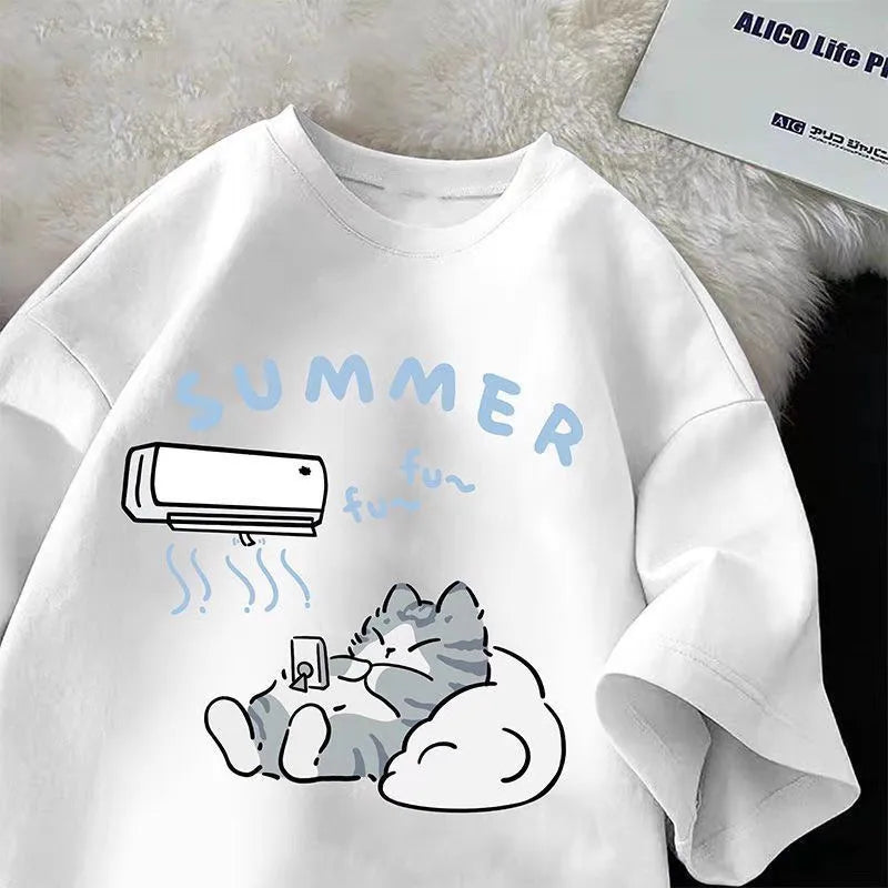 Summer Japanese Cartoon Cute Cat Fun Print Short Sleeve T-shirt Women's Loose Casual Half Sleeve Soft Bottom Plus Size Shirt Top.