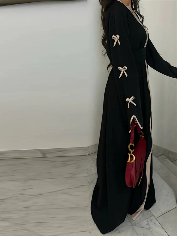 Ramadan Eid Open Modest Kimono Butterfly Bow Abaya Dubai Luxury Muslim Abayas for Women Islam Kebaya Caftan Robe Femme Musulmane.