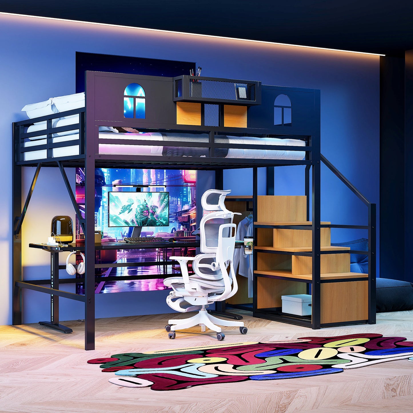 Hochbett 140x200 Jugendbett ohne Matratze mit einzigartige Erhöhte Umzäunung,Bettgestell mit Ablagefläche Am Bett