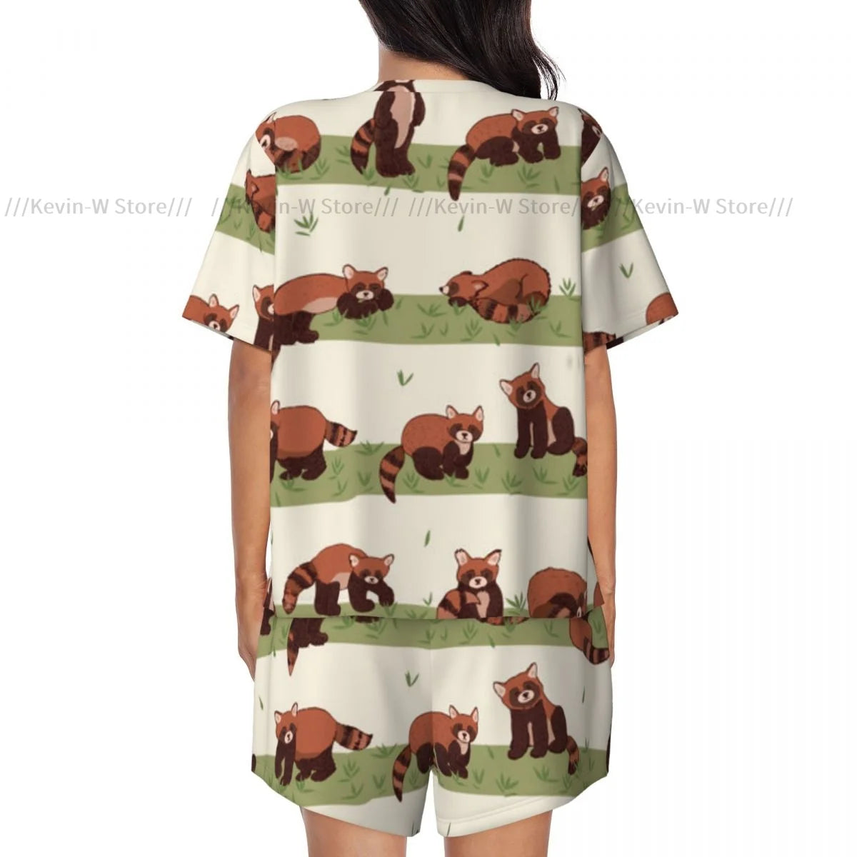 Damen-Pyjama mit kurzen Ärmeln, süßer roter Panda, 2-teilig, für Damen, Sommer-Nachtwäsche, Nachtwäsche, Homewear.