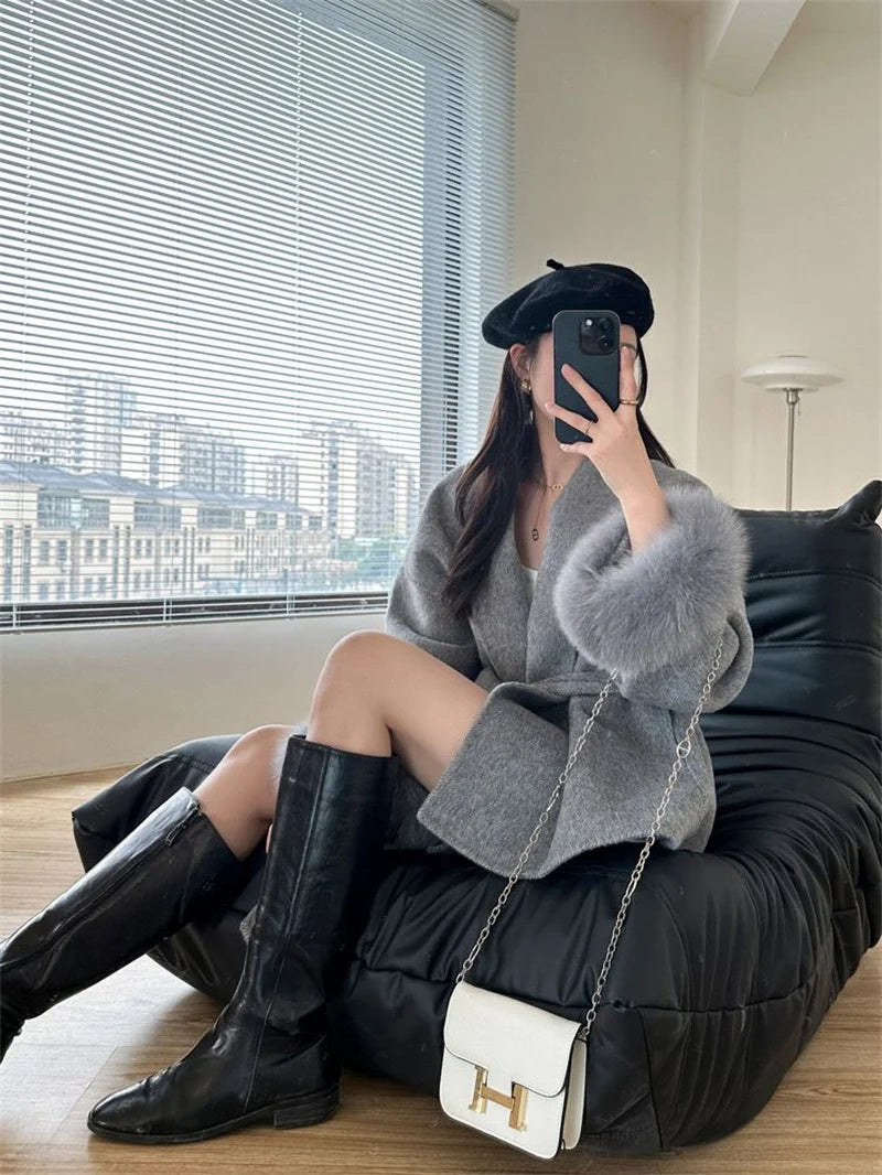 Mode Woolen Jacke mit gürtel Frauen Mantel 2025, Neue Herbst Winter Temperament Lose Strickjacke Weibliche Outwear.