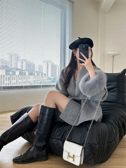 Mode Woolen Jacke mit gürtel Frauen Mantel 2025, Neue Herbst Winter Temperament Lose Strickjacke Weibliche Outwear.