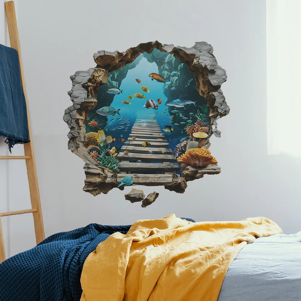 Sea View Mural Seabed Fish Shark 3D PVC Broken Wall Art Stickers Home Decoration for Room Ceiling Poster Floor Wallpaper.