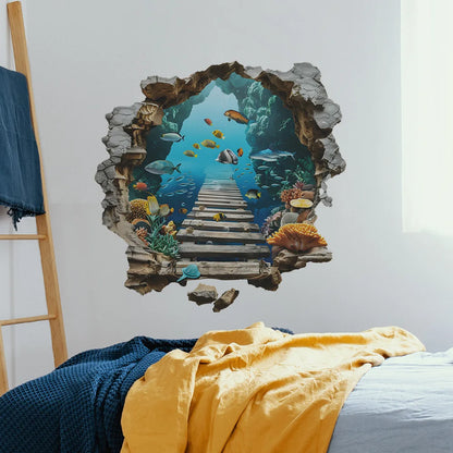 Sea View Mural Seabed Fish Shark 3D PVC Broken Wall Art Stickers Home Decoration for Room Ceiling Poster Floor Wallpaper.