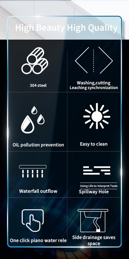 Wasserfall-Küchenspüle aus Edelstahl 304, großes Einzelschlitz-Wasserhahn-Set mit integrierter Digitalanzeige, Seifenspender, Tassenwascher