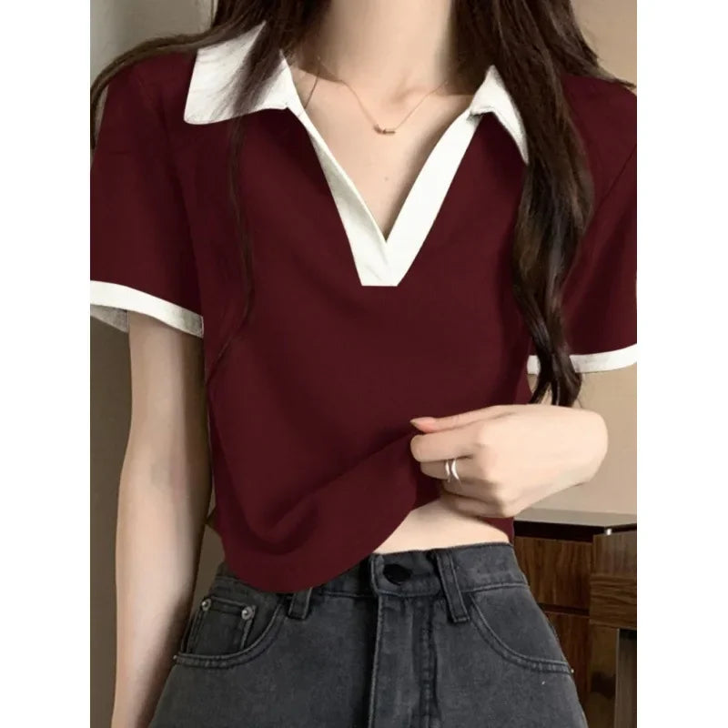 Slim Fit Short Sleeve V-Neck POLO Shirt T-Shirt Korean Design Summer Fashionable Top Half Sleeve Summer Wear Women's Fashion.