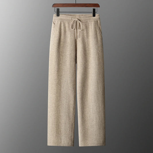 Classic Versatile 100% Cashmere Pants Men High Waist Knitted Straight Pants Solid Color Loose Thin Wide Leg Pants.
