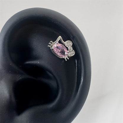 Cute Pink Zircon Cat Stainless Steel Ear Bone Nail Water Droplet Pendant Small Earrings for Women Cochlear Puncture Accessory.