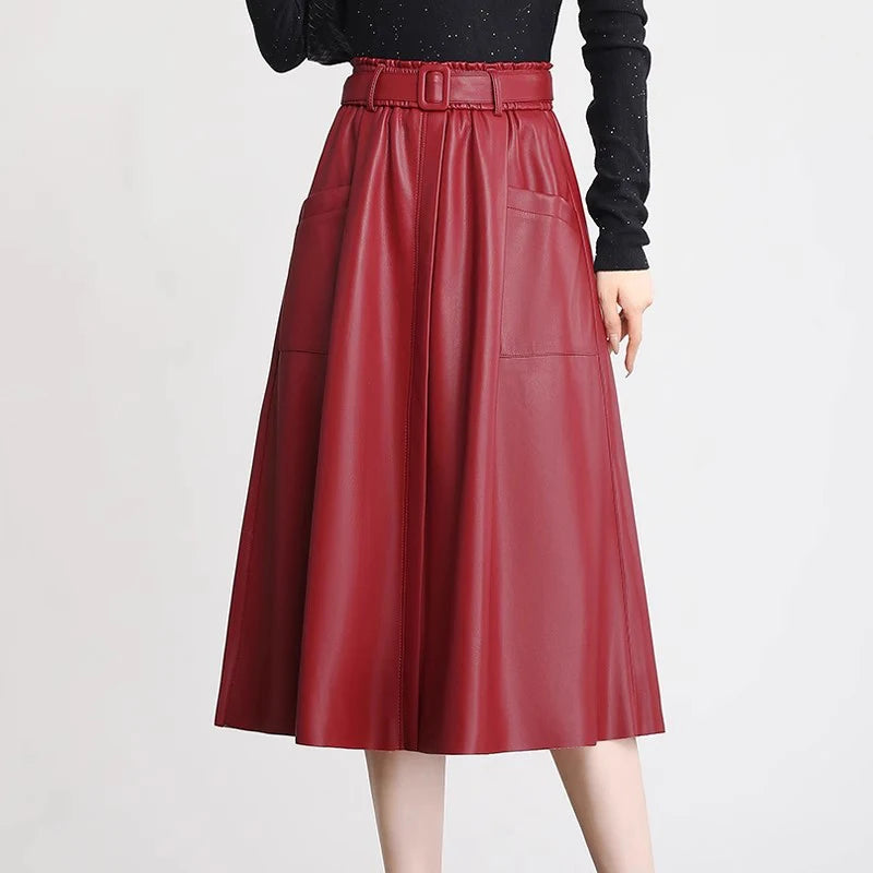 S-5XL New Women Plus Size Leather Skirt Spring Autumn Fashion Stretch Waist A-Line Loose Long Skirt Split Leather Sheepskin