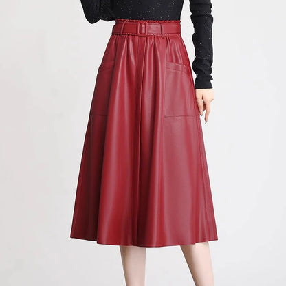 S-5XL New Women Plus Size Leather Skirt Spring Autumn Fashion Stretch Waist A-Line Loose Long Skirt Split Leather Sheepskin