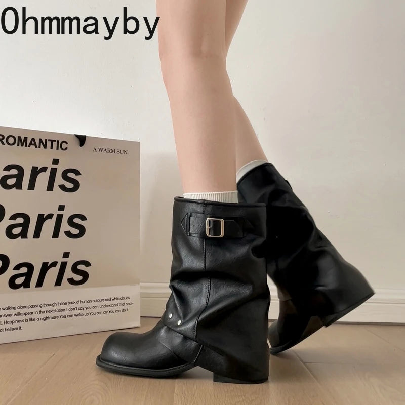 Winter Pleated Women Western Ankle Boots Fashion Rivet Belt Buckle Shoes Ladies Concise Vintage Thick Heel Short Booties.