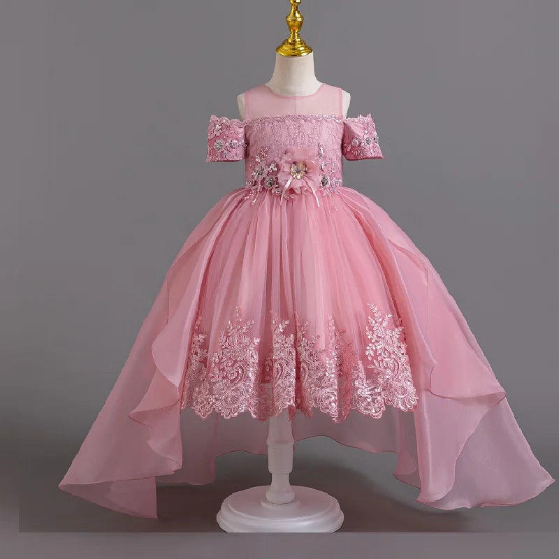 2025 Neues Sommer-Blumenmädchen-Abschluss-Performance-Frack, besticktes Partykleid, nachgestellter Tüll, 3–11 Jahre alt, das Mädchenkleid.