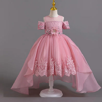 2025 Neues Sommer-Blumenmädchen-Abschluss-Performance-Frack, besticktes Partykleid, nachgestellter Tüll, 3–11 Jahre alt, das Mädchenkleid.