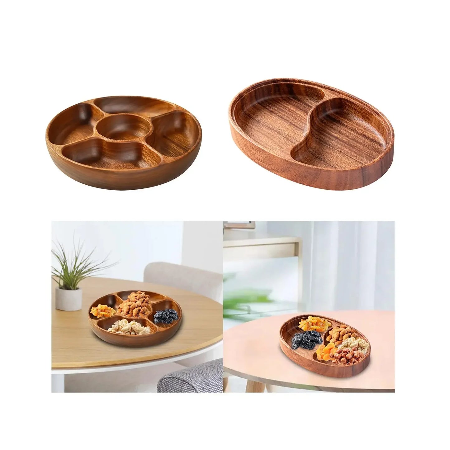 Divided Serving Tray Snack Tray Candy Bowl Fruit Plate Appetizer Platter Wood for Farmhouse Kitchen Nut Bread Dining Room.