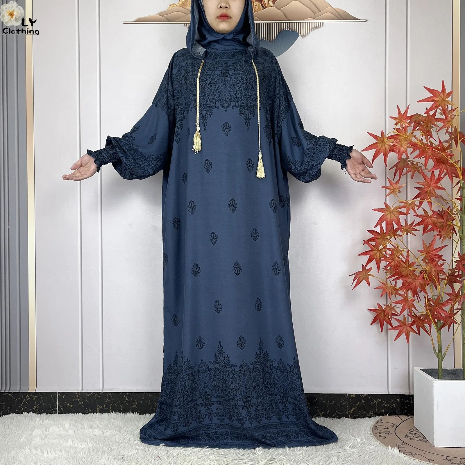 2025 Women Long Sleeves Dress Cotton Ramadan Abaya with Two Hats Muslim Women's Kaftan Dress Dubai Turkey Islam Prayer Clothing.