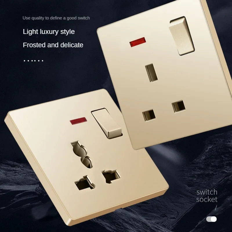 UK Standard 13A Gold USB Stecker Wandsteckdose Lichtschalter, 220V Universal 6-Loch-Doppelsteckdose mit 2,1A USB-Ladeanschluss.