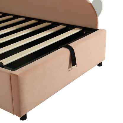 Polsterbett, Einzelbett, Babybett, niedlicher Hasenkopf, hydraulisches Bett mit Stauraum, erhöhter weicher Zaun, Samt, rosa + weiß, 90 x 200 cm