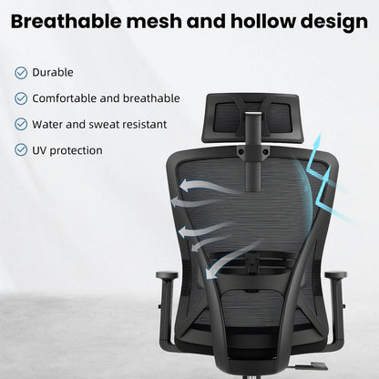 Durrafy Ergonomischer Bürostuhl, Bürostühle, Schreibtischstuhl mit verstellbarer Kopfstütze, Armlehnen, 150 kg Tragfähigkeit, Schwarz