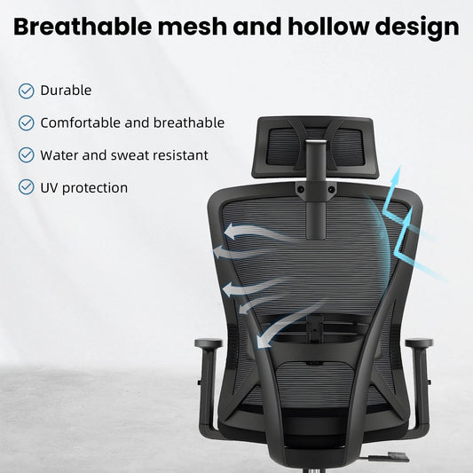 Durrafy Ergonomischer Bürostuhl, Bürostühle, Schreibtischstuhl mit verstellbarer Kopfstütze, Armlehnen, 150 kg Tragfähigkeit, Schwarz