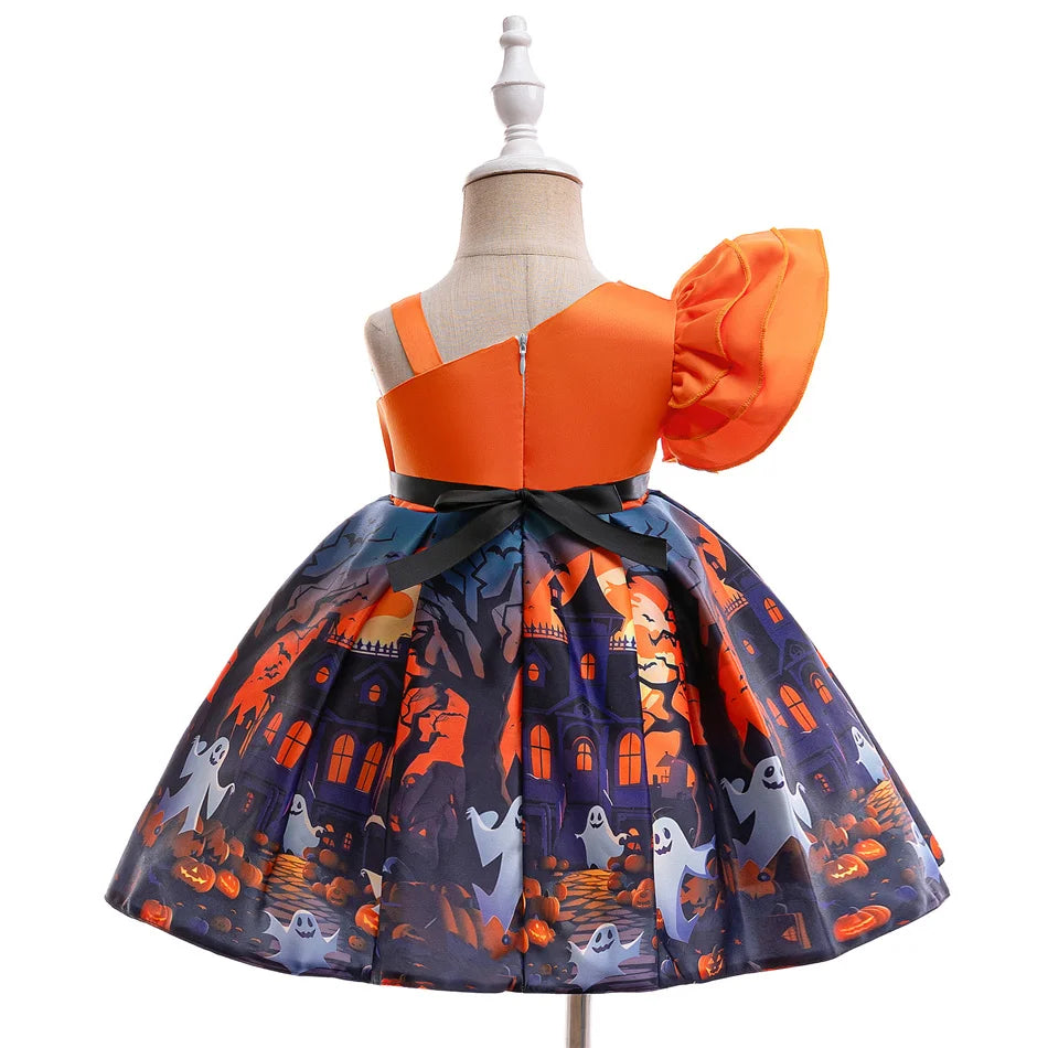 Kleinkind Halloween Kostüm Mädchen Cosplay Hexe Kürbis Skelett Druck Bowknot Kleid Kinder Festival Party Performance Kleidung.
