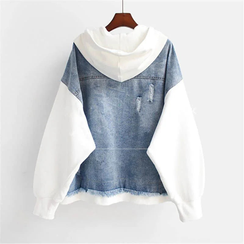 Fake Two-piece Denim Hoodies Coat Women Spring Autumn Trend Cardigan Hoodie Casual Loose Hooded Baseball Jacket Streetwear Woman.