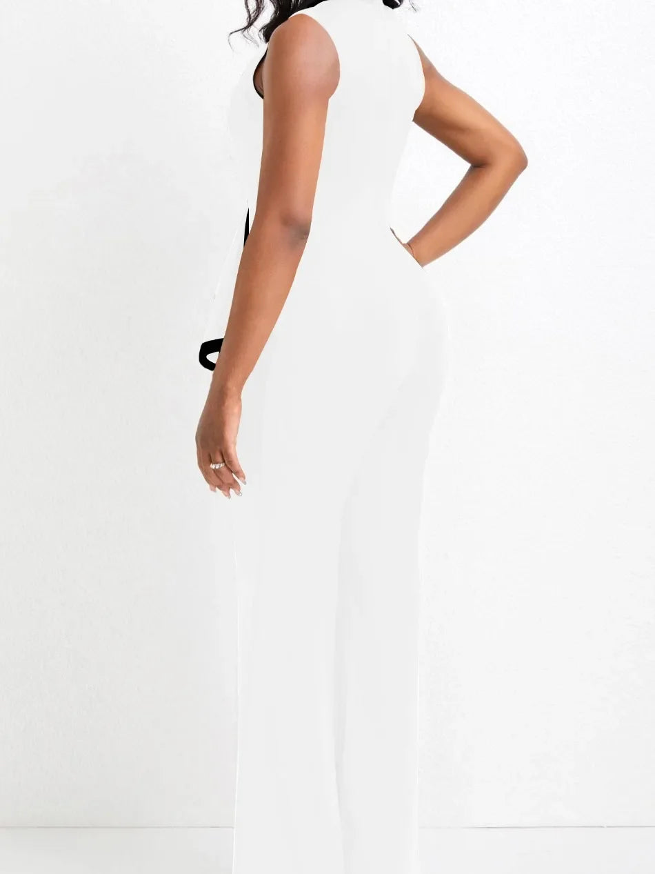 Women's Overalls Outfits Full Length New Fashion 2025 Summer V Neck Elegant Sleeveless Office Lady Jumpsuit Wide Leg Pants.