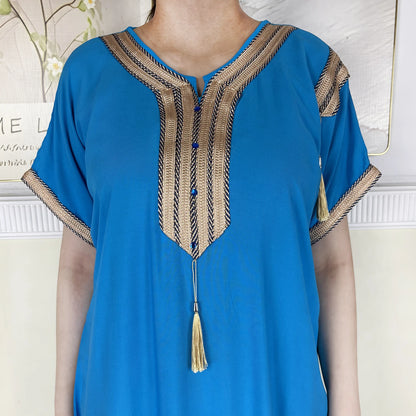 2025 Muslim Caftan Short Sleeve Dress Solid Cotton Summer Abaya African Traditional Dresses Islam for Women Casual Clothing.