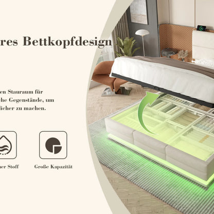 160 x 200 cm großes Bett, modernes, höhenverstellbares Kopfteilbett mit großem Stauraum und LED-Umgebungsbeleuchtung, USB/Typ-C-Verbindungen