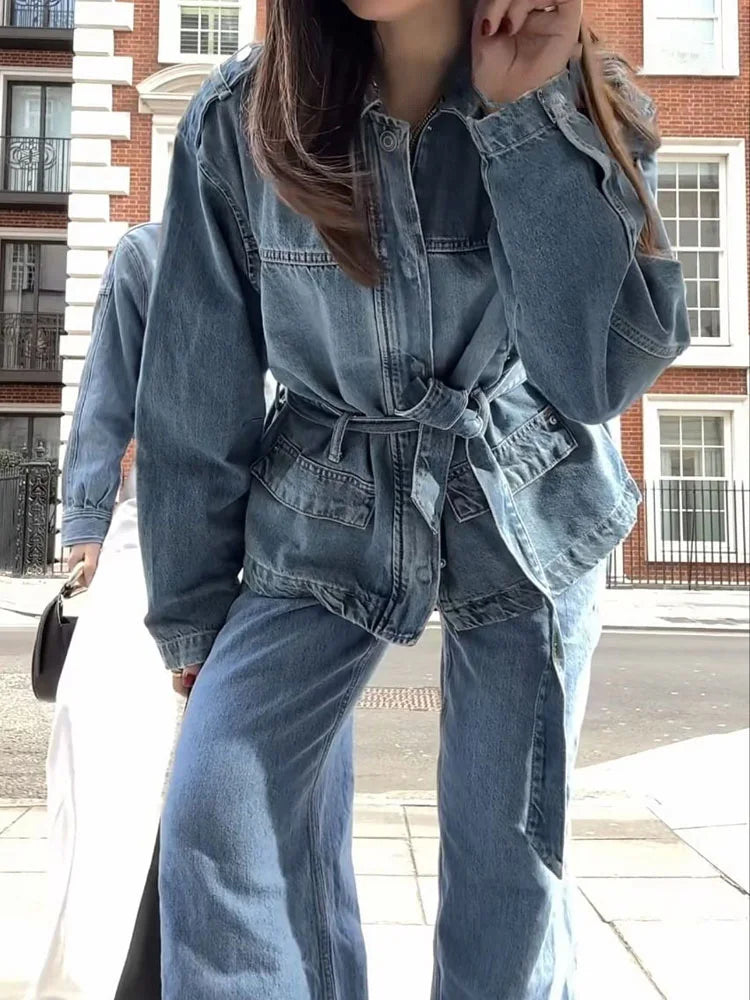 HH Women Denim Pant Sets Turn-Down Collar Long Sleeves Belt Autumn Coats+Pockets Loose High Waist Zipper Hemming Trousers.