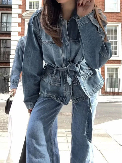 HH Women Denim Pant Sets Turn-Down Collar Long Sleeves Belt Autumn Coats+Pockets Loose High Waist Zipper Hemming Trousers.